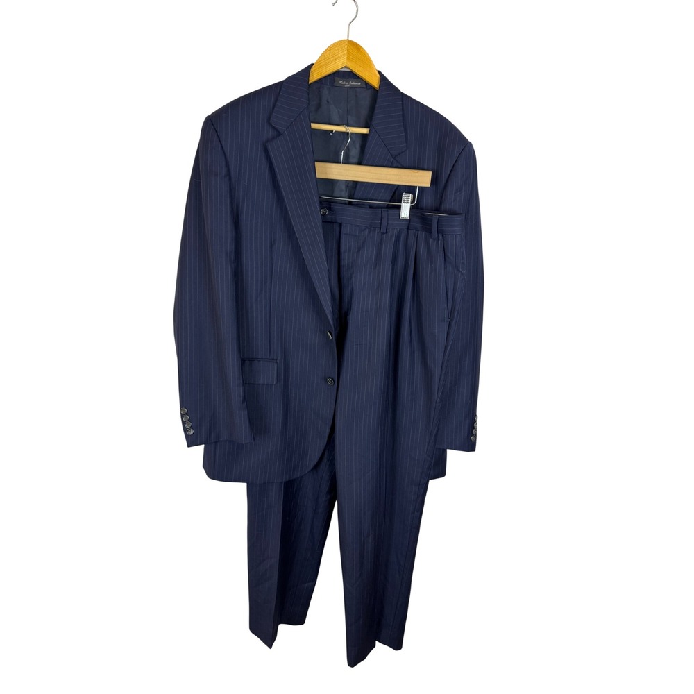 Izod Mens Navy Blue Pinstripe Wool 2 Piece Suit Blazer Pleated Pants 36X33 42L